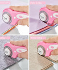 45mm Rotary Cutter With 5 Extra Blades, Ergonomic Grip, Safety Lock, The Real Deal For Fabric Leather Crafting Sewing And Quilting, Cuts Through Multiple Layers Like Butter, Left Or Right Hand, Pink being used on cardboard, fabric, felt, and burlap.