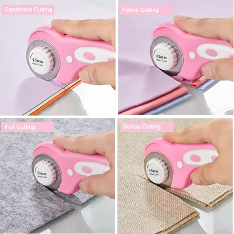 45mm Rotary Cutter With 5 Extra Blades, Ergonomic Grip, Safety Lock, The Real Deal For Fabric Leather Crafting Sewing And Quilting, Cuts Through Multiple Layers Like Butter, Left Or Right Hand, Pink being used on cardboard, fabric, felt, and burlap.