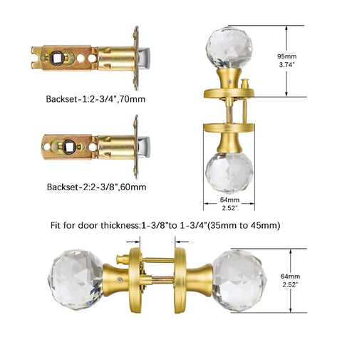 Crystal Glass Door Knobs With Privacy Lock For Bedroom And Bathroom, Gold Satin Brass Finish, interior handle set dimensions