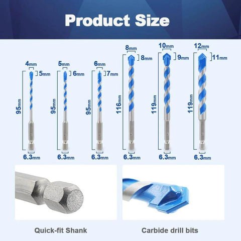 BRSCHNITT concrete masonry drill bit set with hex shanks; six blue carbide bits in 4,5,6,8,10,12 mm