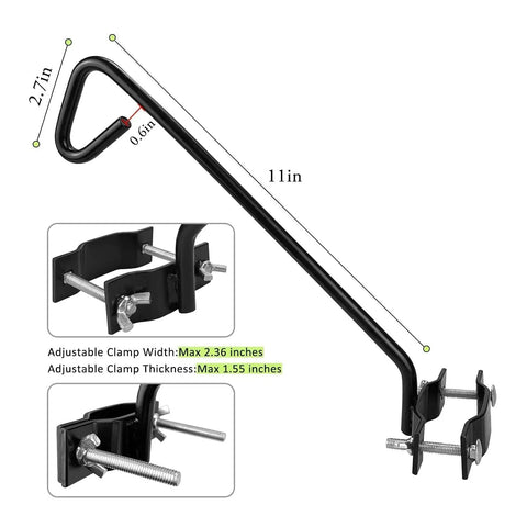 11 Inch Heavy Duty Fence Deck Hook Rail Hanging Mounting Kit For Bird Feeders Planters Suet Baskets Lanterns No Fuss Setup On Balcony Porch Railing Fence Outdoor, showing black metal hook with adjustable clamps.