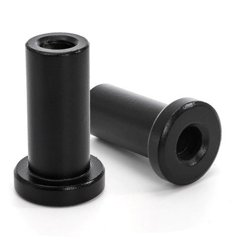 Two black spacers from Ten Piece Barn Door Spacers Set For 2 Inch Sliding Barn Door Hardware, showing cylindrical shape and smooth finish.