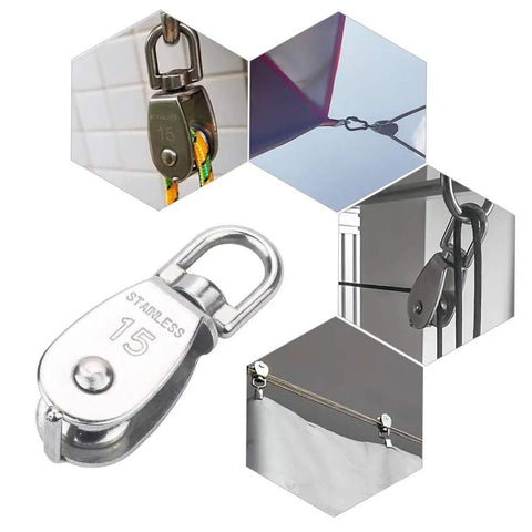 Beefy Heavy Duty Single Pulley Block M15 304 Stainless Steel Swivel Top Ring for hanging cable and towing applications