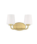 Capra Two Light Mid Century Modern White Opal Glass Bathroom Vanity Wall Light With Warm Brass Finish, front view
