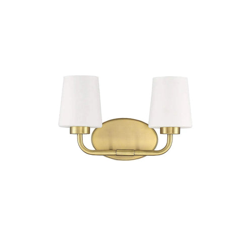 Capra Two Light Mid Century Modern White Opal Glass Bathroom Vanity Wall Light With Warm Brass Finish, front view