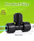 No Hassle Quick Connect Drip Irrigation Tee Fittings For 1/4 Inch Tubing, showing dimensions and 32-pack label.
