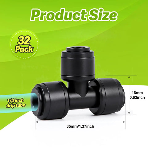 No Hassle Quick Connect Drip Irrigation Tee Fittings For 1/4 Inch Tubing, showing dimensions and 32-pack label.