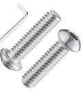 Heavy Duty 50 Pack Of 1/4-20 By 1 Inch Button Head Socket Cap Bolts Made From 304 Stainless Steel With Allen Hex Drive. Close up view of two button head bolts and hex key.