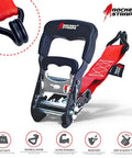 Heavy Duty Ratchet Straps That Mean Business With 1500 Lbs Working Load And 4500 Lbs Break Strength Rubber Coated Double J Hooks Ergonomic Ratchet Handle Tie Down Straps Includes 4 Soft Loops And Carry Bag, close-up view of ratchet and hook.