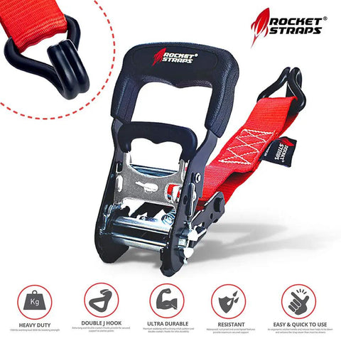 Heavy Duty Ratchet Straps That Mean Business With 1500 Lbs Working Load And 4500 Lbs Break Strength Rubber Coated Double J Hooks Ergonomic Ratchet Handle Tie Down Straps Includes 4 Soft Loops And Carry Bag, close-up view of ratchet and hook.