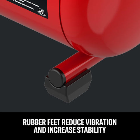 Close-up of rubber feet on Two Gallon Portable Air Compressor With One Third HP Max, 125 PSI Oil Free, Lightweight And Ready For DIY Projects
