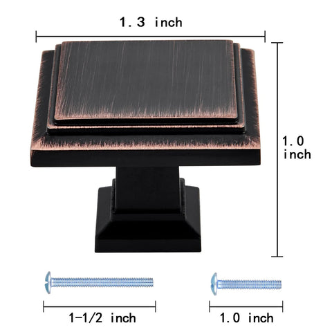 Oil Rubbed Bronze Square Cabinet Knobs Set Of 10 1.3 Inch Drawer Pulls detailed view with screws for furniture and vanity use.