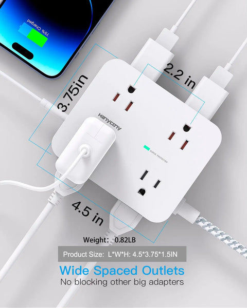 Top view of Power Strip Surge Protector With Eight Outlets And Four USB Ports Including Two USB C, flat plug, on desk.