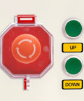 Emergency Stop Button Cover 8 Pack Clear Lockout Guard with red base and clear cover alongside up and down buttons
