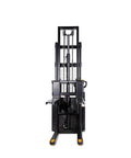 Front view of Heavy Duty Electric Pallet Stacker Delivers Rock Solid Performance With A 3300 Pound Capacity And 118 Inch Lift Height.