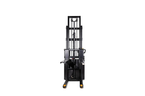Front view of Heavy Duty Electric Pallet Stacker Delivers Rock Solid Performance With A 3300 Pound Capacity And 118 Inch Lift Height.