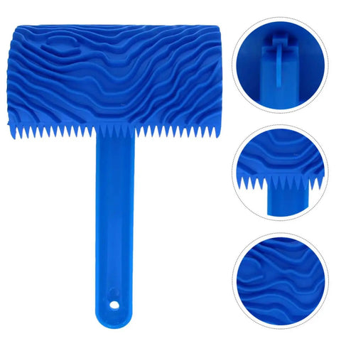 Killer Rubber Wood Graining Paint Roller For Real Deal Faux Finish Wall Texture Job With Extra Long Handle showcasing blue rubber material and wavy texture.