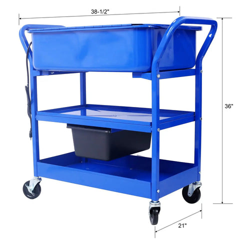 No-Nonsense Heavy Duty 20 Gallon Portable Parts Washer With Big Wheel Casters and Blazing 325 Gph Pump, blue steel mobile parts cleaning station.