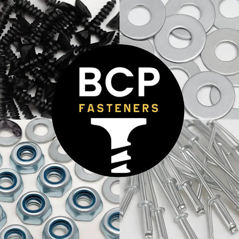 BCP Fasteners logo with assortment of screws, washers, nuts, and rivets.