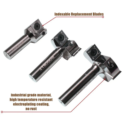 Black Titanium Coated Half Inch Shank Carbide Router Bit Set Pro Grade For Surfacing And Slab Flattening With Three Cutting Diameters One Inch One And A Half Inch And Two Inches Includes Ten Replacement Blades For Woodworking displayed with indexable blades and anti-rust finish.