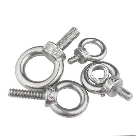 Premium 304 Stainless Steel Lifting Eye Nut Screw Ring Eyebolt M10 for Heavy Duty Rigging, set of four different sizes.