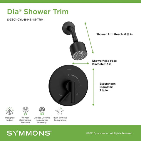 No-Fuss Single Handle Satin Nickel Shower Trim 1-Spray Showerhead 1.5 GPM Flow Arm Brass Escutcheon Lever Handle shown measured