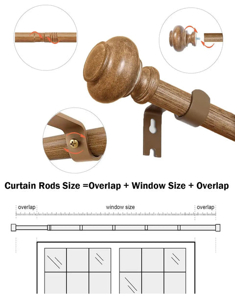 Heavy Duty Wood Look Curtain Rods For Windows 48 To 84 Inches With One Inch Diameter And Imitation Wood Grain Finials