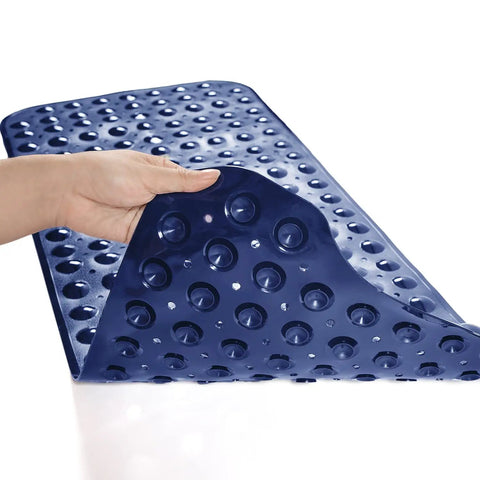 Extra Long Non Slip Bath Mat 39 X 16 Inch Machine Washable Shower Rug With Heavy Suction Cups And Fast Drain Holes Navy Blue viewed from above with grips and drain holes.