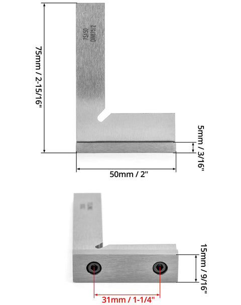QWORK precision machinist square, hardened steel, 75 mm × 50 mm, 3 in engineer square; front and side views