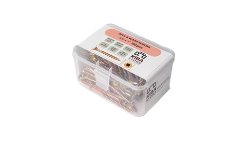 Tough As Nails Ten By Three Inch Deck Screws With Square Robertson Drive And Bugle Heads For Smooth Driving Rock Solid Grips And Rust Busting Protection Using Gilded Zinc Plated Finish In One Hundred Piece Box packaging view.