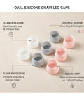 Oval Silicone Chair Leg Caps for Irregular Furniture Legs in clear, grey, and pink showing flexible grip and scratch protection.