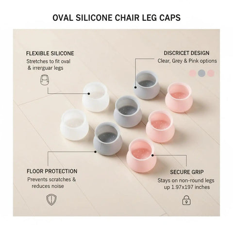 Oval Silicone Chair Leg Caps for Irregular Furniture Legs in clear, grey, and pink showing flexible grip and scratch protection.