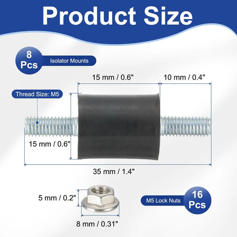 M5 Rubber Isolator Mounts 15x15mm Anti Vibration Damping Mounts With Lock Nuts 8 Pack For Motors Air Compressors Engines 35mm Height Heavy Duty Shock Absorber Solution For Diy Projects And Machinery product size diagram with M5 thread, rubber mount and lock nut