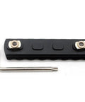 7 Slot M Rail System Kit With Chamfered Slots And Beveled Ends For Smooth Fit, Aircraft Grade 6061 T6 Aluminum, Anodized Finish, Ready For Tac Accessories, Includes Quincunx Screws And Wrench, shown with quincunx screws and wrench.