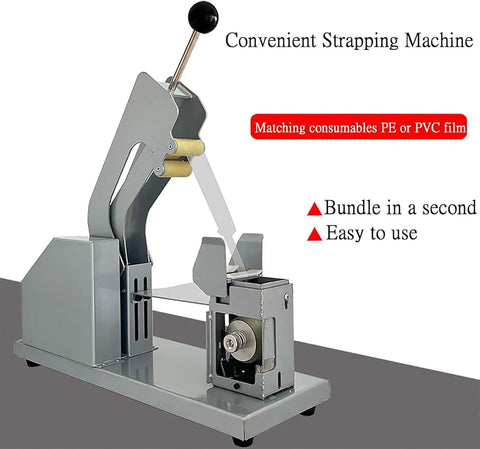 Dfedhf Compact Vegetable Strapping Machine With Adjustable Tension And Multi-Hole Design For Efficient Farm Packaging Bundling Of Fresh Produce And Fruit With Heavy Duty Construction, shown from the side with manual lever.