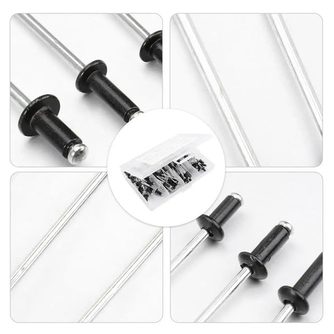 Close-up of 120 Piece Black Aluminum Blind Rivet Kit With M2.4 M3.2 M4 Sizes showing burr-free rivets in a plastic box.