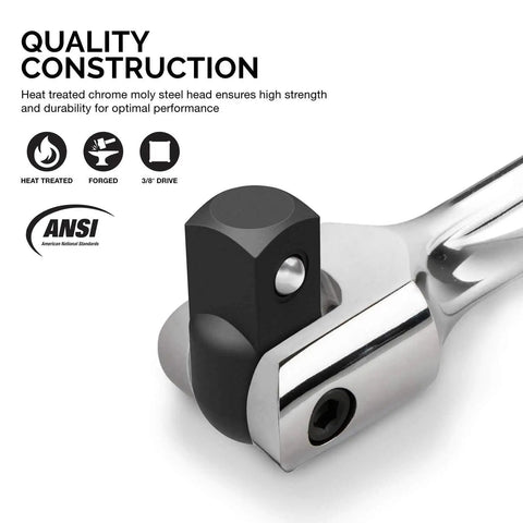 Close-up of Three Eighth Inch Drive Breaker Bar With Twelve Inch Handle And 180 Degree Flex CrMo Head durable CrMo and CrV steel