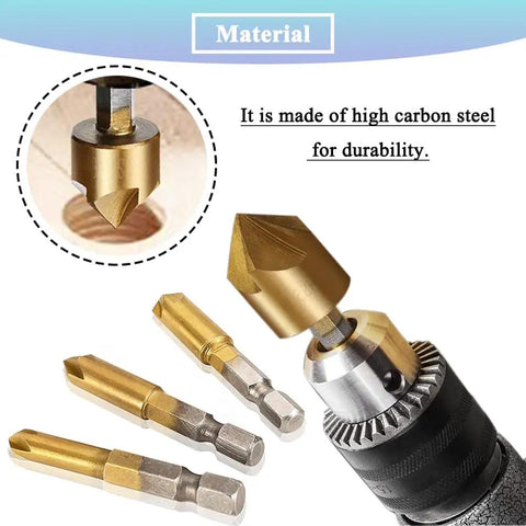 Six Piece 90 Degree HSS Countersink Drill Bit Set With One Quarter Inch Hex Shank For Wood, Pro Grade, Five Flute Countersinks