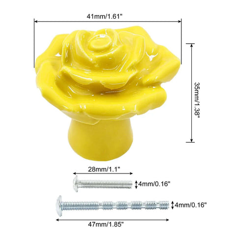 Total Game Changer Yellow Rose Ceramic Drawer Pulls With Smooth Glaze Finish For Kitchen Drawers And Vanity Storage Set Of Two showing dimensions.