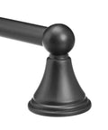 Close-up of flat black 24 inch towel bar mount, heavy-duty zinc alloy wall bracket, part of modern bathroom set