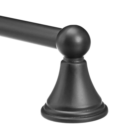 Close-up of flat black 24 inch towel bar mount, heavy-duty zinc alloy wall bracket, part of modern bathroom set