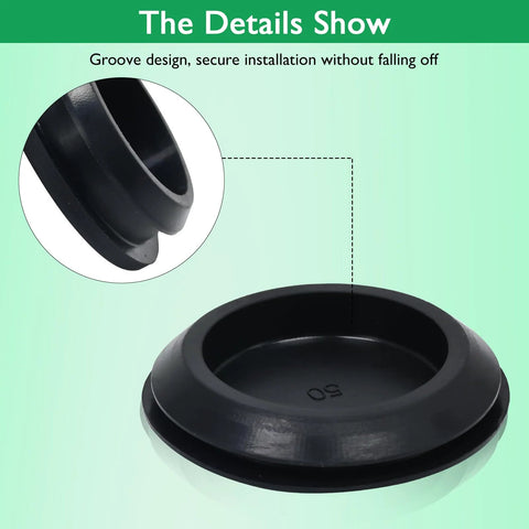Black rubber round hole plug with snap-in lip, 7/8 in diameter.
