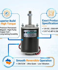 High Torque 12V DC Brushed Motor, 30W, 3500RPM, Reversible CW CCW with specifications and features displayed