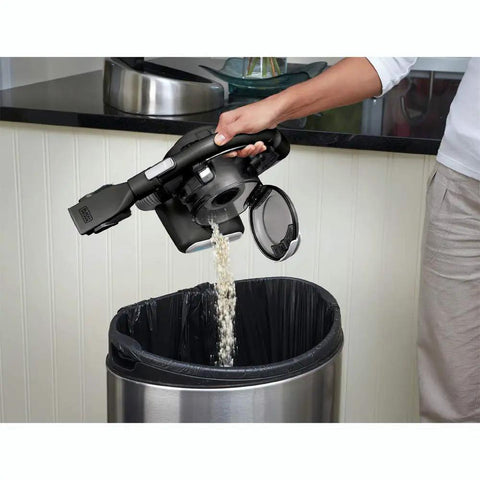 Using 20V Max Flex Cordless Stick Vacuum With Floor Head And Pet Hair Brush Ultra Lightweight Portable Cleaner to empty dirt cup