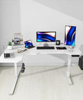Fly Electric Height Adjustable L Shaped Standing Desk With Smooth Sit Stand Motion Heavy Duty Steel Frame And Pristine White Wood Top, modern home office setup with tech.