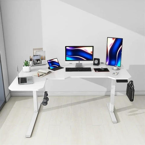 Fly Electric Height Adjustable L Shaped Standing Desk With Smooth Sit Stand Motion Heavy Duty Steel Frame And Pristine White Wood Top, modern home office setup with tech.