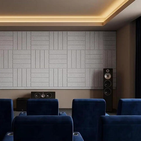 Premium Slick Self Adhesive Foam Panels 12 Pack Acoustic Wall Tiles on a theater wall in gray for soundproofing.