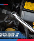 Crowfoot Wrench Set 1/2 Inch and 3/8 Inch Drive in use tightening a bolt in car engine, showcasing wrench detail.