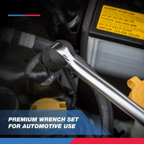 Crowfoot Wrench Set 1/2 Inch and 3/8 Inch Drive in use tightening a bolt in car engine, showcasing wrench detail.