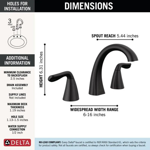 Dimensions of Arvo Matte Black Widespread Bathroom Faucet For 8 Inch 3 Hole Vanity Sink Tap With Push Pop Drain displayed.